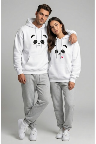 Nevermind Unisex Sevgili Çift Kombini Oversize Panda Baskılı Çift Hoodie Beyaz