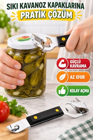 Metal Kavanoz Kapağı Ve Konserve Açacağı Siyah Saplı Çok Amaçlı Pratik Kapak Açıcı Gümüş