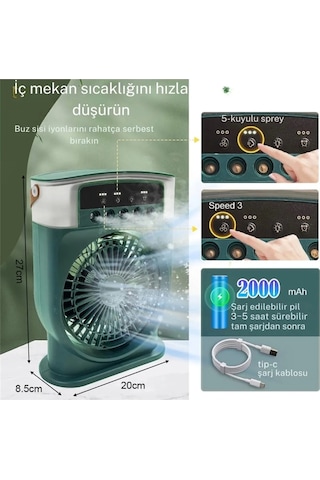 Şarjlı 600 Ml Su Hazneli Taşınabilir Masaüstü Vanilatör Güçlü Fan Ve 2000 Mah Pil Yeşil