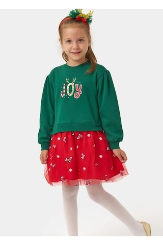 Kız Çocuk Joy Baskılı Tüllü Yıllbaşı Elbisesi Nbk-24908 Yeşil