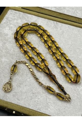 Rodajlı Gold Gümüş İp Yolları Eskitme Ateş Kehribar Tespih 11x8 Mm 32 Gr Altın - Gümüş