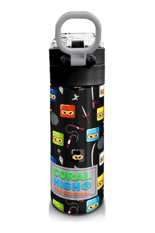 Coral High Kids Siyah Ninja Desenli Pipetli Ve Direkt İçim Çelik Termos 500 Ml 31919 Siyah - Beyaz