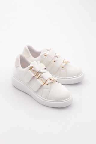 Dgn B1005 Kadin Aksesuarli Kemer Detayli Sneakers Ayakkabi Beyaz İpek