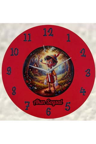 Kişiye Özel İsimli Çocuk Odası Duvar Saati Epoksi Dolgulu 35 Cm Masallar Serisi Kırmızı - Siyah