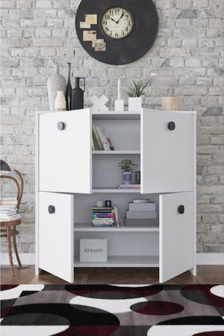 4 Kapaklı 4 Raflı Modern Dekoratif Dolap- Beyaz