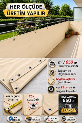 Krem Renkli Balkon Brandası - 650 Gr Pvc Polyester - Kuşgözlü Ve Kolon Takviyeli Balkon Demiri Brandası Krem