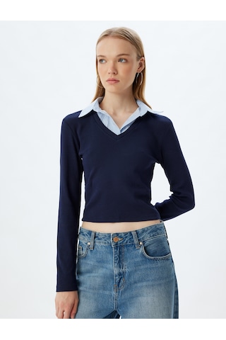 Koton Pamuklu Gömlek Yaka Katlı Slim Fit Uzun Kollu Tişört Lacivert 7wal10124ık