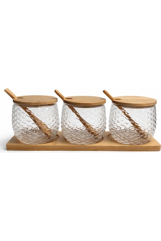 3 Lü Cam Baharatlık 8x8 Cm Seti Bambu Kapaklı Kaşıklı Standlı Şık Mutfak Kavanoz Seti Şeffaf
