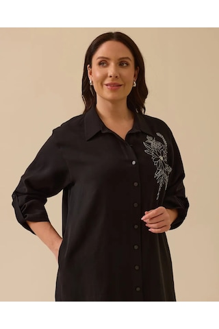 Büyük Beden Nakış Detaylı Düğmeli Elbise Gala-xi Siyah