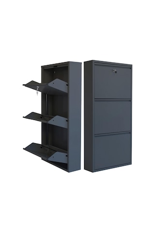 Kilitli 3'lü Metal Ayakkabılık - Antrasit