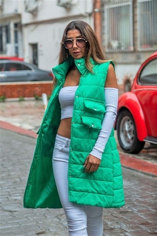 Veraura Lifestyle Yeşil Dik Yaka Cep Detaylı Uzun Şişme Yelek