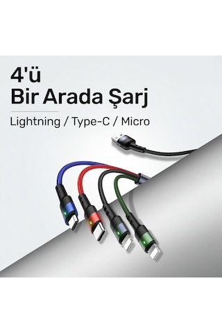 Usams Us-sj317 4in1 2 Lightning 1 Type-c 1 Micro Uçlu 1.2m 2a Örgülü Renkli Şarj Ve Data Kablosu