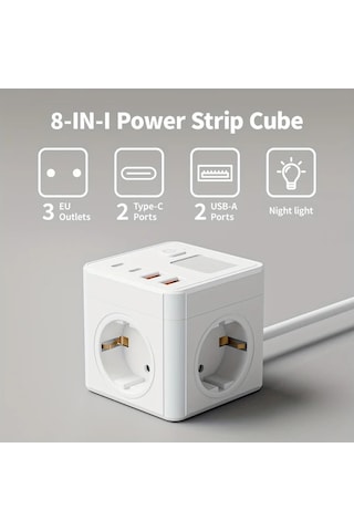 Honeybeeshop 1 Paket Siyah 8li 3 Ac Cikisli 2 Usb Portlu 2 Type C 15m Uzatma Kablosu Ev Ofis Seyahat Icin 3 Renk Modlu Ayarlanabilir Gece Isigi