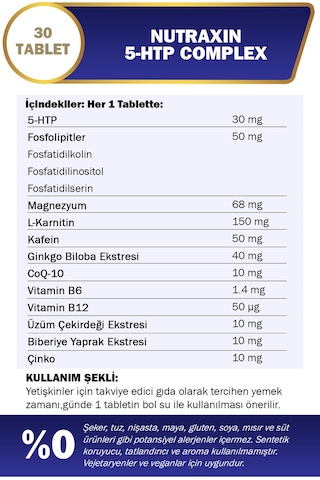 Nutraxin 5-HTP Complex 30 Tablet–Serotonin Desteği, B6 & B12 Vitaminli, Ginkgo Biloba ve Koenzim Q10 İçerikli