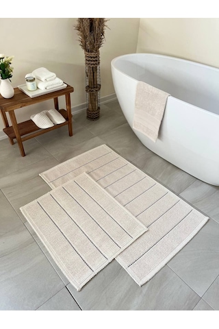 Bluenity Basic Stripe Doğal Pamuklu 2'li Banyo Kilim Seti 60x100+50x60 Cm Ekru / Lacivert Çizgili Ekru