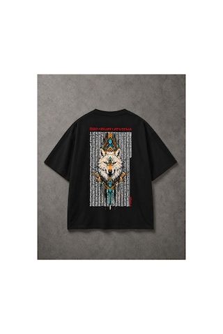 Yolo Street Etnik Kurt Baskılı Siyah Oversize Erkek Tişört Sırt Baskı %100 Pamuk Vintage Streetwear Siyaha11