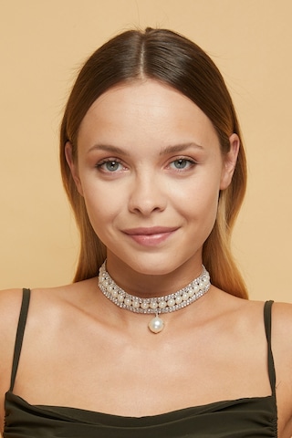 Furtek Aksesuar Kadın İnci Model Zirkon Taşlı Gümüş Choker Tasma Kolye Gerdanlık Altın