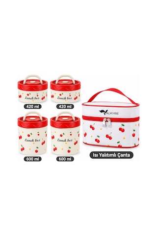 Valkyrie 4 Katlı Kirazlı Yemek Termosu 2040 Ml 304 Paslanmaz Çelik Lunch Box Isı Yalıtımlı Çantalı Kırmızı