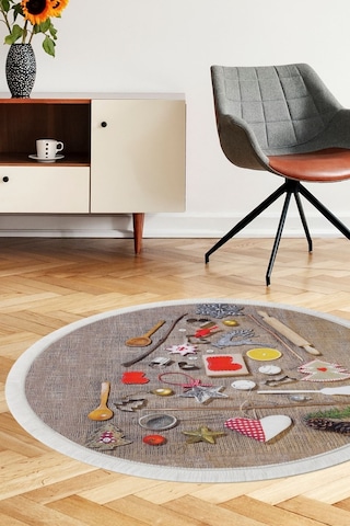 Dijidekor Kahve Mutfak Halısı Saçaklı Dijital Yuvarlak Halı Kaymaz Yıkanabilir 100x100
