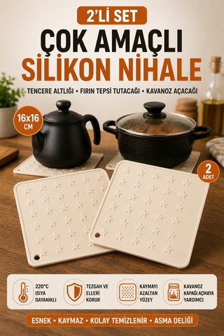 2'li Set Krem Silikon Nihale 16x16 Cm Çok Amaçlı Tencere Tava Altlığı Fırın Tepsi Tutacağı Kavanoz Açacağı Ev