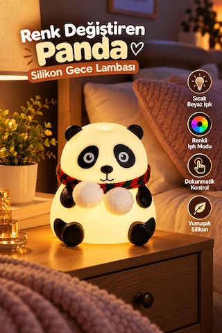 Shnstore Sevimli Panda Silikon Gece Lambası Renkli Işık Modu Dokunmatik Kontrollü Aydınlatma Shntknd0720