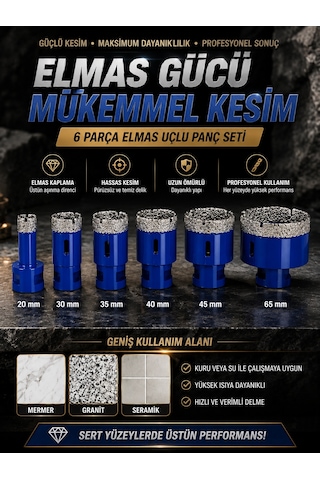 Mucit Home Pro Kutu 6 Parça Elmas Kaplı Panç Seti 20-65 Mm Mermer Granit Seramik Delme Panç