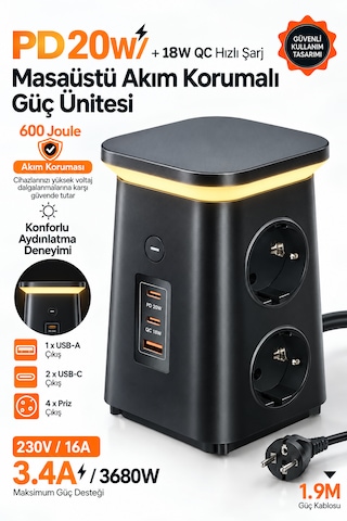 Çoklu Akım Korumalı Masaüstü Priz 4 Priz, 2 Usb-c + Usb-a, Pd 20w & Qc 18w Hızlı Şarj, 3680w, Led Aydınlatmalı 1.9 M