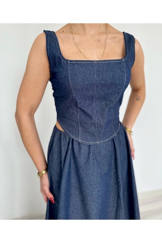 Keymoda Kadın Denim Kare Yaka Bluz Mavi Mavi