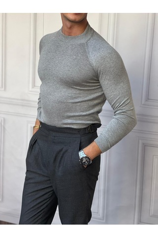 Modefendi Slimfit Kalıp Pamuklu Triko Yarım Balıkçı Triko Kazak Gri