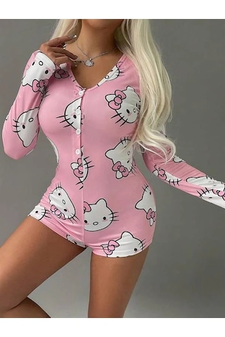 Go İthalat Kadın Şık Tasarım Pamuklu Pembe Hello Kitty Desenli Düğmeli Uzun Kol Tulum Pijama