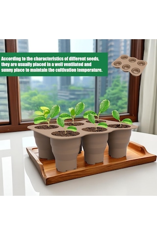 6 Delikli Fidanlık Kutusu Küçük Sebze Çiçek Bitki Nefes Alabilir Büyüyen Tepsi Silikon Katlanır Kreş Tencere Kahverengi