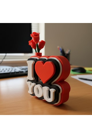 I Love You Yazılı Güllü Dekoratif Figür - Sevgililer Günü Özel Hediyelik 3d Pla Masaüstü Obje 10,6x9,7 Cm