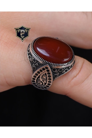 Gümüş Erkek Yüzük Akik Taşlı Mikro Taş Süslemeli