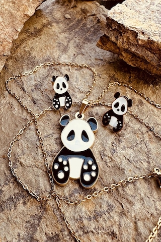 Patili Panda Siyah Beyaz Mineli Altın Renk Çelik Çocuk Takı Set