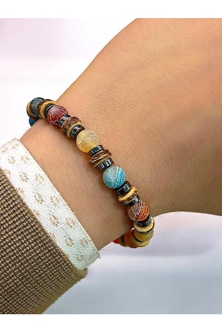 Nursaat 3'lü Doğal Taş Kehribar-Yeşim-Lapis-Kalsit-Dumanlı Kuvars-Sodalit Doğal Enerji Bilekliği Çok Renkli