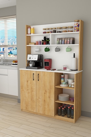 Asra Trend Kahve Köşesi KAHVE02 %100 MDF Çok Amaçlı Mutfak Dolabı Beyaz - Safir Meşe