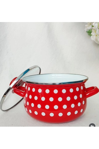 Retro Kırmızı Puantiyeli 20 Cm 3 Litre Emaye Süt Yoğurt Tencere