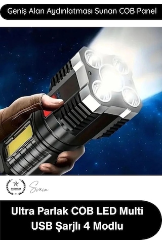 Elfeneri El Feneri Ultra Parlak Cob Led Multi Usb Şarjlı 4 Modlu Şarj Göstergeli Kamp Piknik Işılda Çok Renkli