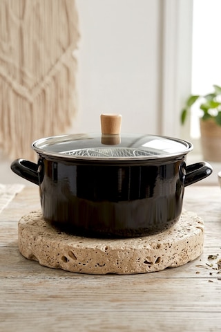 Master Pro Cook Ahşap Kulplu,paslanmaz Saplı Siyah Süzgeçli Emaye Kızartma Tenceresi 22 Cm Siyah