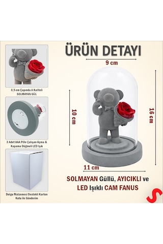 Solmayan Güllü Ayıcıklı Led Işıklı Cam Fanus - Gri