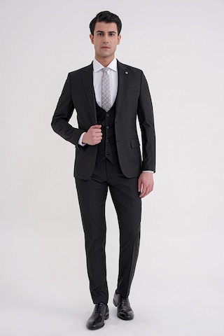 Efor Slim Fit Çift Yırtmaç Çizgili Esnek Yünlü Siyah Yelekli Klasik Takım Elbise Tk 935 Siyah