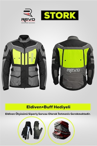 Revo Stork Neon Sarı 4 Mevsim Unisex Motosiklet Montu + Eldiven Ve Buff