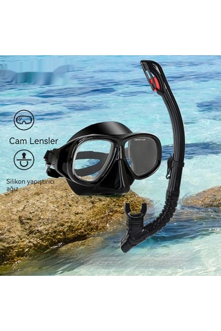 Profesyonel Şnorkel İki Parçalı Silikon Tam Kuru Şnorkel Büyük Çerçeve Sis Geçirmez Dalış Gözlüğü Seti Siyah