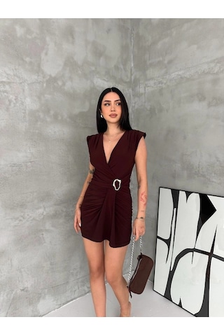 Moda Kadın Kruvaze Drapeli Tokalı Mini Elbise Şık Gece Davet Abiye - Kahverengi Çok Renkli