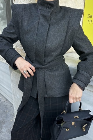 Antrasit Vatkalı Kuşaklı Kaşe Ceket - 1001 Antrasit