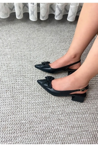 Asmi Shoes Kadın Mina Siyah Cilt Arkası Açık Sivri Burun Fiyonk Detaylı 4 Cm Topuklu Ayakkabı