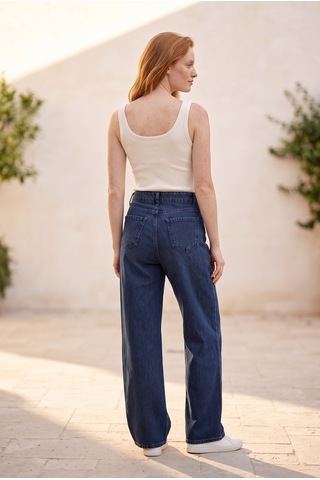 Soulshae Yüksek Bel Geniş Paça Denim Pantolon Lacivert