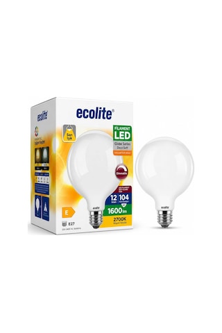 Ecolite G125 Büyük Boy Led Ampul 12w 104w Eşdeğer E27 Duy Dimmer Uyumlu 1600 Lümen 2700k Sarı Işık Dekoratif Soft Globe Ampul 178x125 Mm