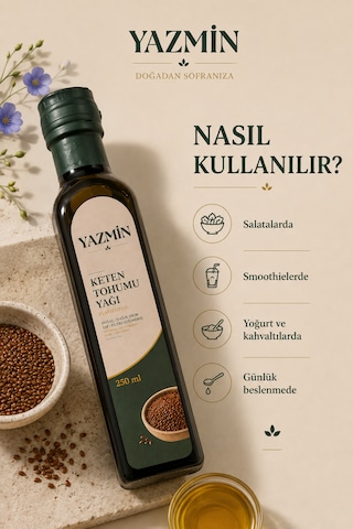 Yazmin Keten Tohumu Yağı 250 Ml Cam Şişe Soğuk Sıkım %100 Saf Doğal Keten Yağı