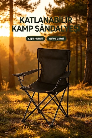 1 Adet Katlanır Kamp Piknik Sandalyesi Dikdörtgen Bardaklıklı Siyah